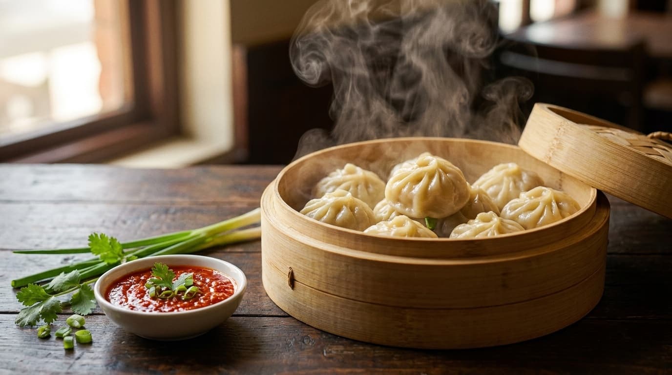 A bamboo steamer of fresh steamed momos with fiery red chilli chutney